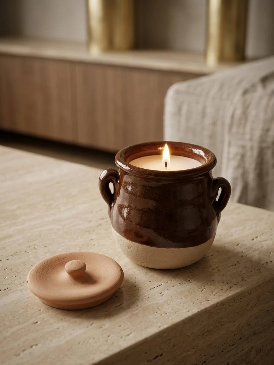 شمع کلاسیک در کوزه سفالی (مدل قهوه‌ای درب‌دار) TINA HOME